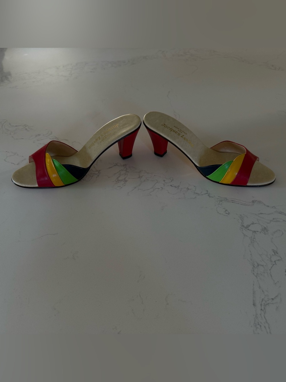 Jacques Levine Multicolor Leather Slide Heels - Red/Green/Yellow/Black 7.5